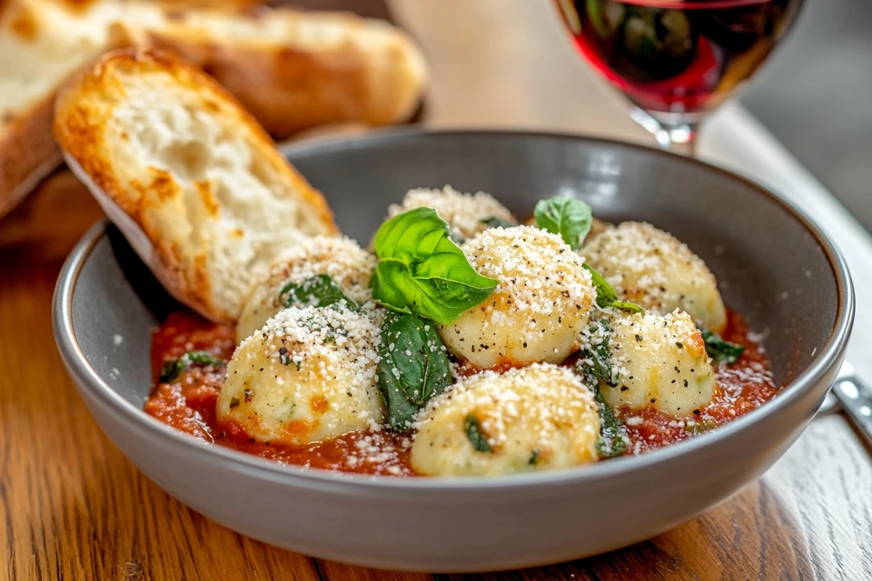 Spinach and Ricotta Dumplings in Marinara Sauce served on a plate with basil and Parmesan.