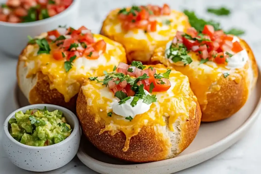 Cheesy Taco-Stuffed Bread Bowls on a serving platter with toppings