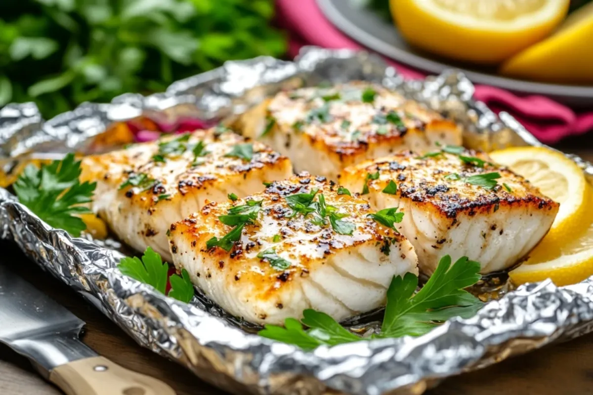 Cooking fish in aluminium foil with herbs and lemon