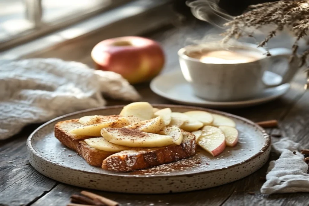 Apple cinnamon toast recipe served with coffee on a rustic breakfast table