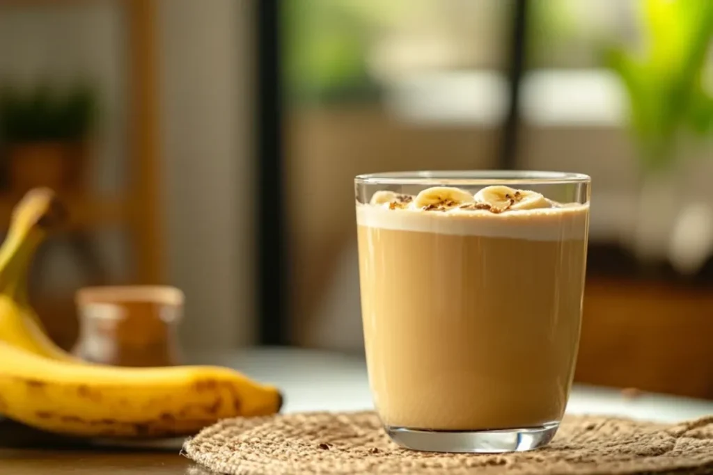 Creamy banana milk coffee served in a glass with banana slices and a dusting of cinnamon