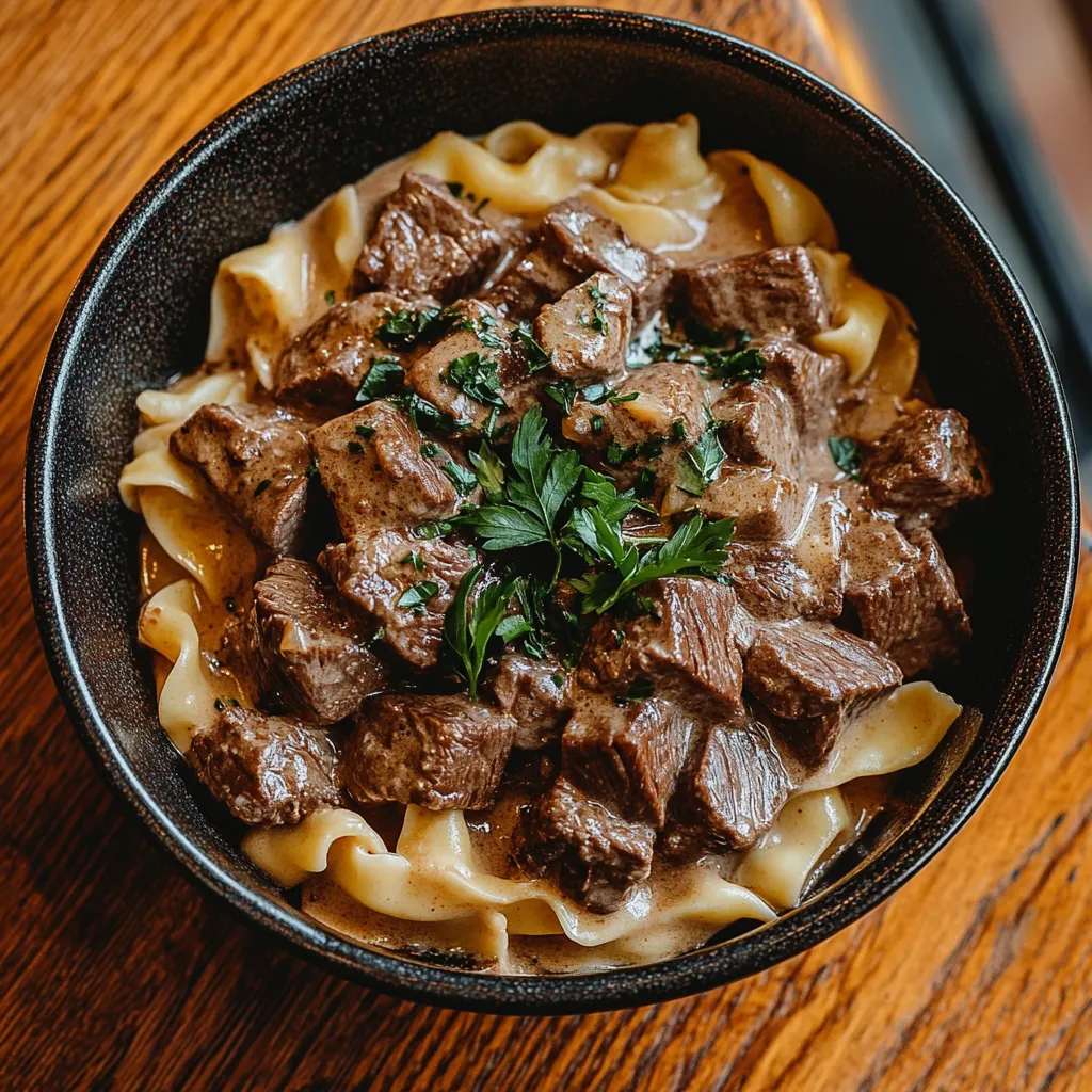 Beef Stroganoff: The Creamy Comfort Dinner You’ll Crave Again and Again 1 Classic beef stroganoff served with egg noodles and parsley