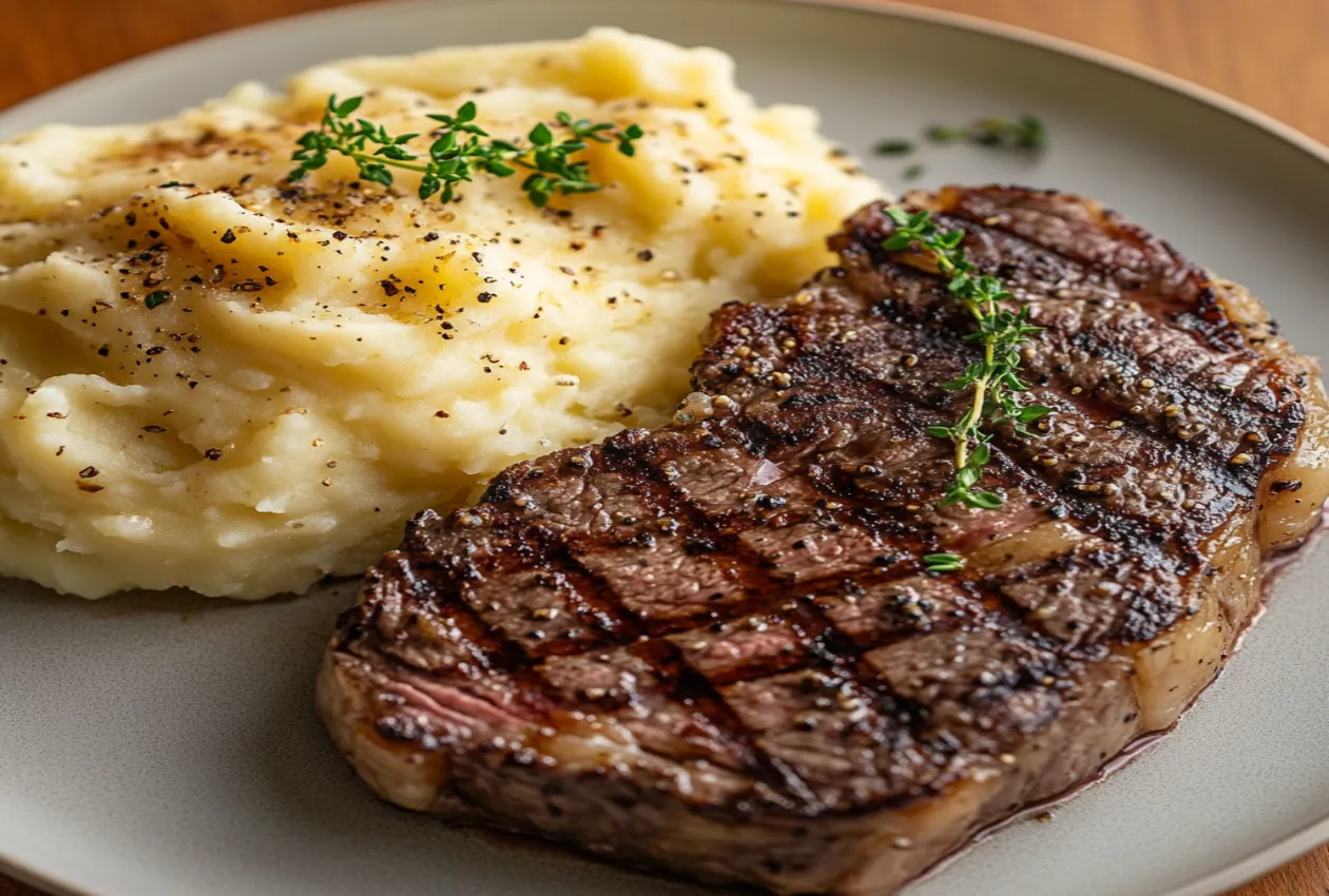 Mashed potatoes served with steak