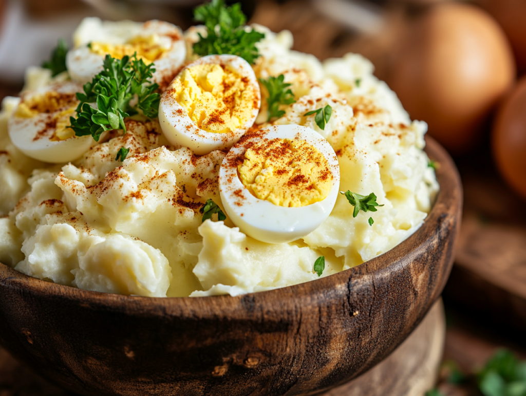 Southern Potato Salad in a wooden bowl with paprika garnish