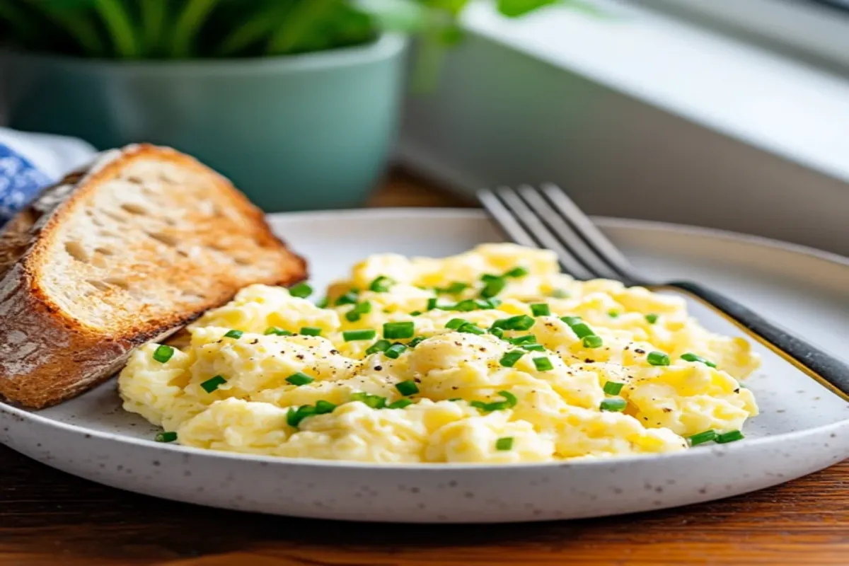 Creamy Boursin Scrambled Eggs served with chives and toast