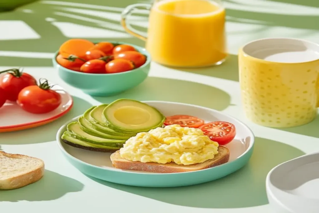 Boursin Scrambled Eggs served with avocado, tomatoes, and orange juice