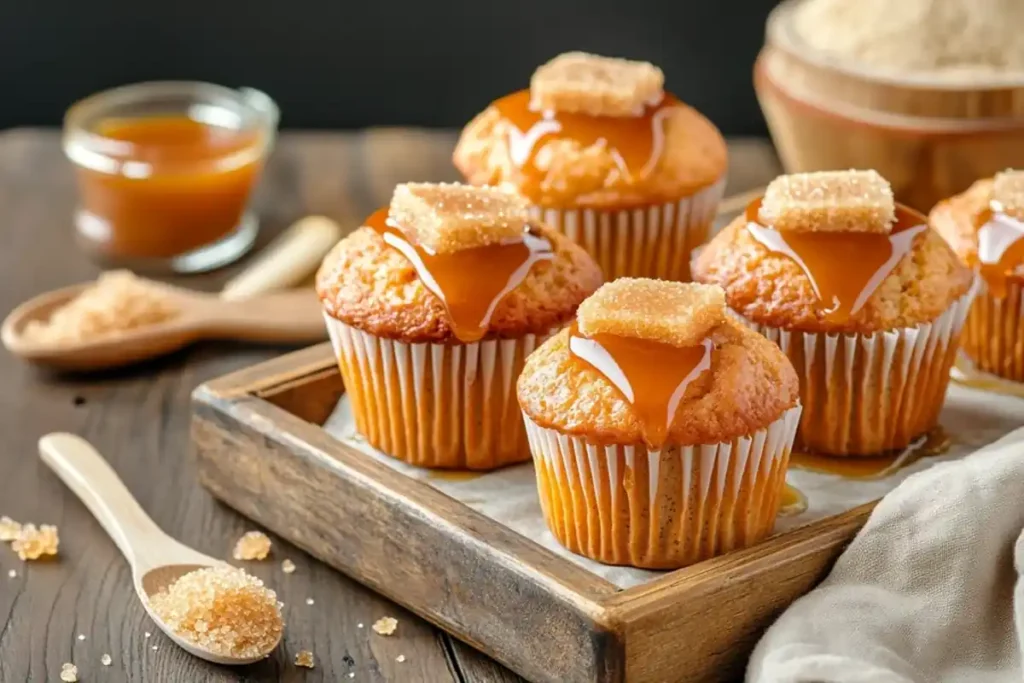 Brown sugar caramel muffins with caramel drizzle on a rustic tray