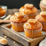 Brown sugar caramel muffins with caramel drizzle on a rustic tray