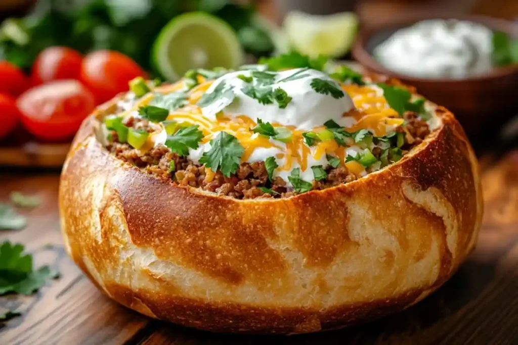 Cheesy Taco-Stuffed Bread Bowl with melted cheese and fresh toppings