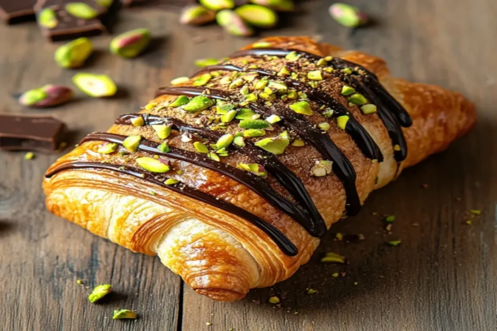 Flaky croissant filled with ricotta, chocolate, and pistachios