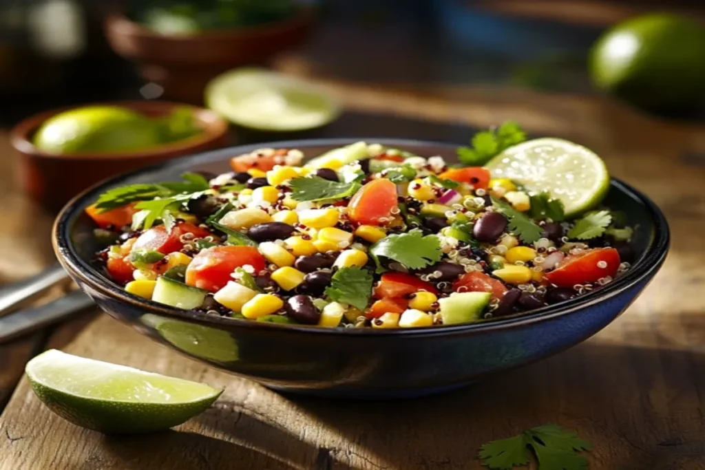 A vibrant bowl of Mexican Quinoa Salad with lime and dressing.