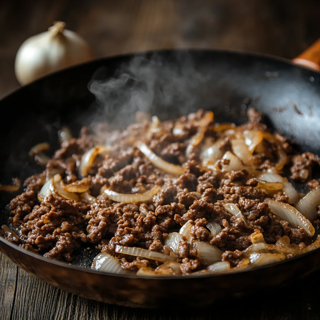 Beef Stroganoff: The Creamy Comfort Dinner You’ll Crave Again and Again 3 Ground beef and onions cooking in a skillet