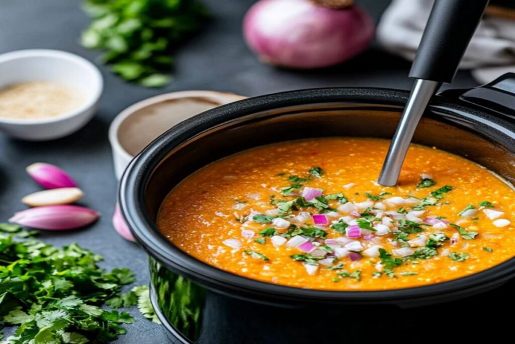 Slow cooker red lentil soup with coconut milk in the slow cooker