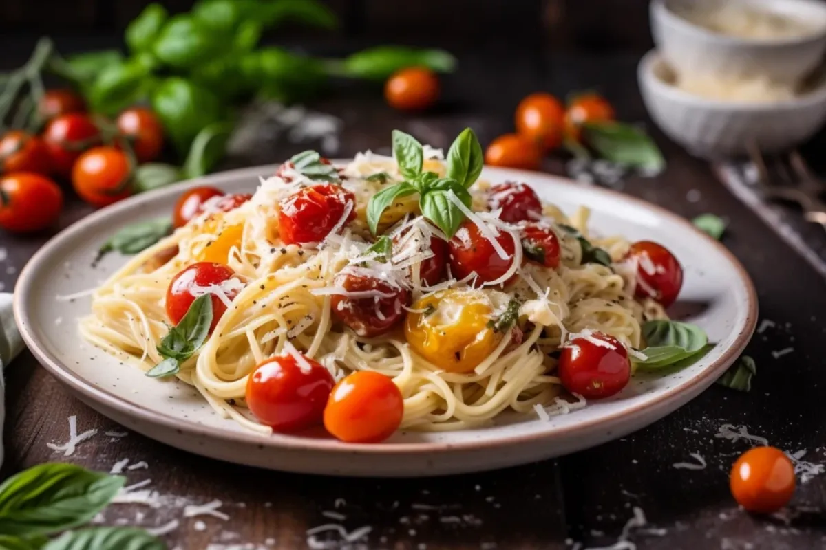 Boursin cheese pasta with roasted tomatoes and fresh basil