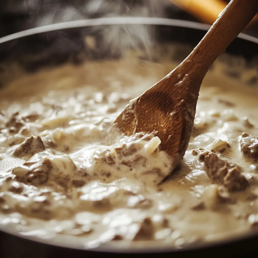 Beef Stroganoff: The Creamy Comfort Dinner You’ll Crave Again and Again 4 Stirring beef stroganoff sauce with wooden spoon