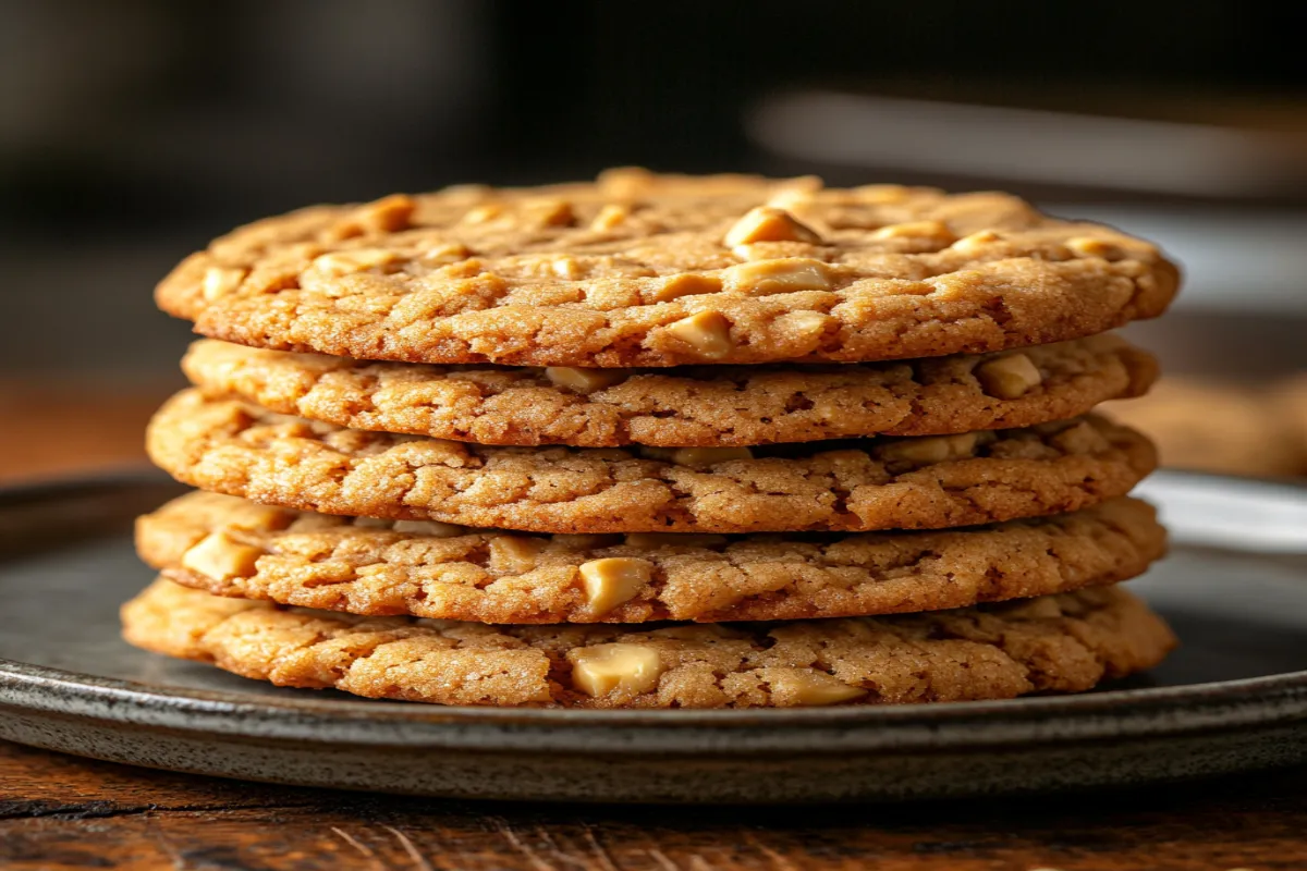 Stack of crunchy peanut butter cookies with visible peanuts