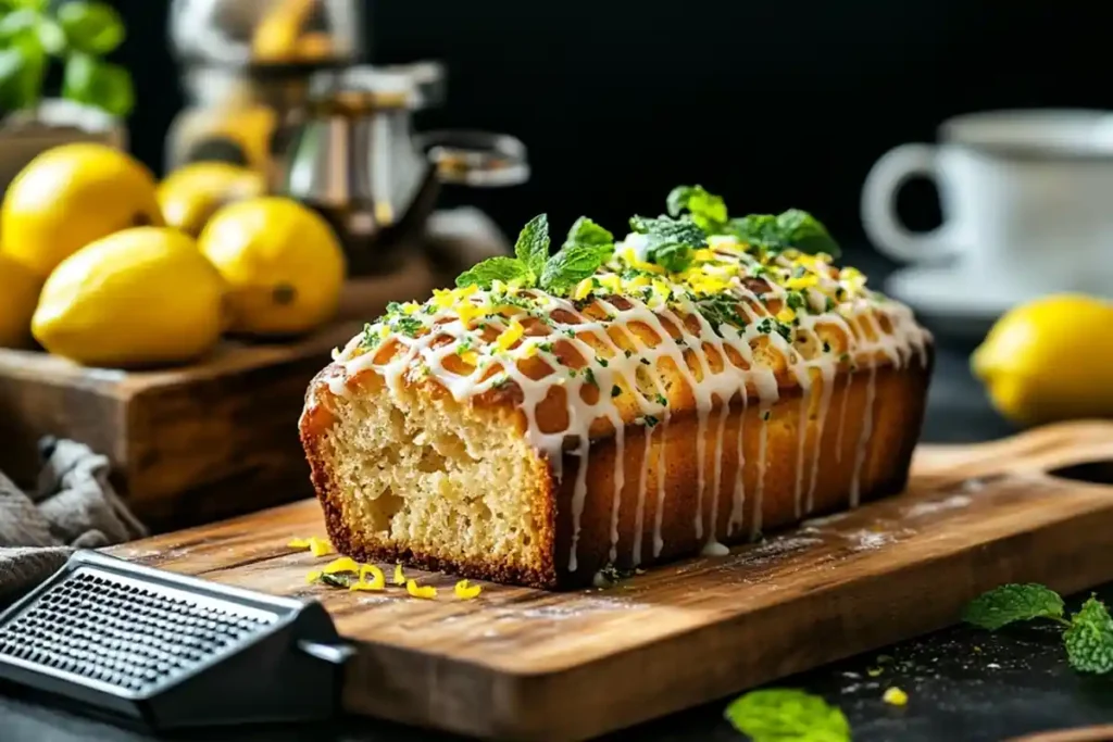 Blender filled with ingredients for Lemon Bread including lemon zest and juice