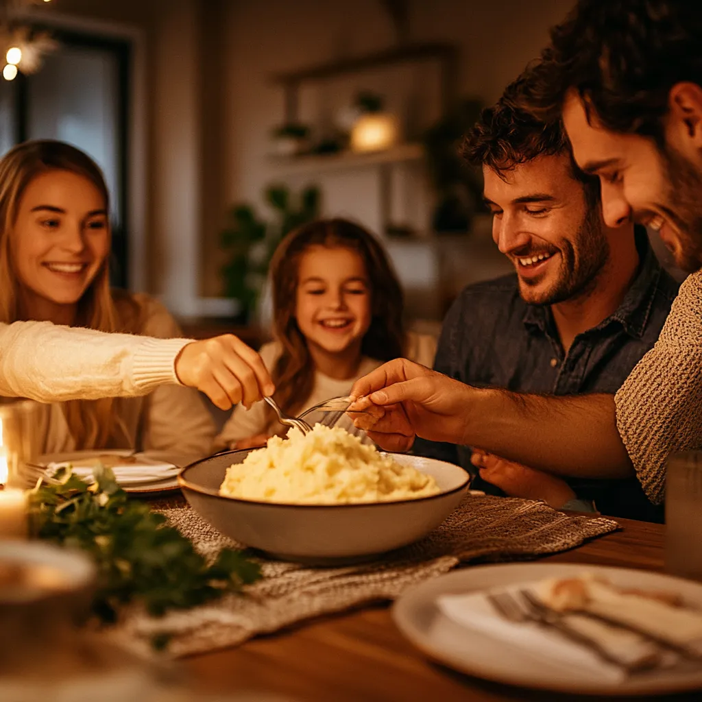 The Most Cost-Effective Side Dish for Beef: Garlic Herb Mashed Potatoes 4 Family enjoying mashed potatoes together at dinner