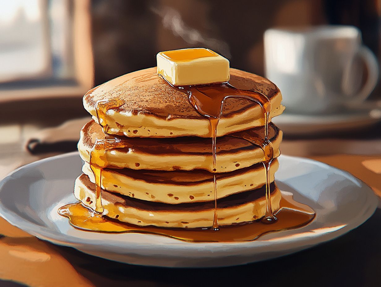 Stack of fluffy pancakes with maple syrup and butter