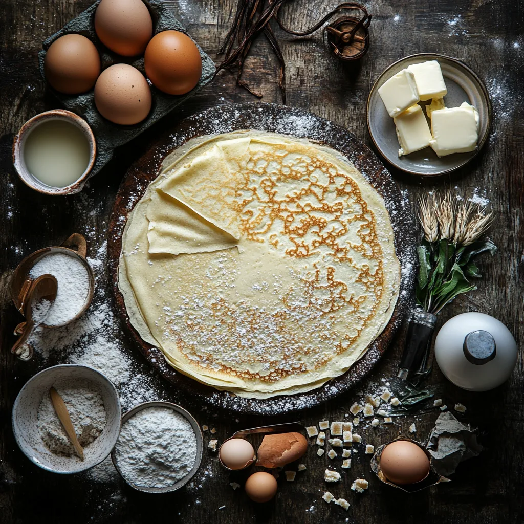 Ingredients for easy French crêpes laid out