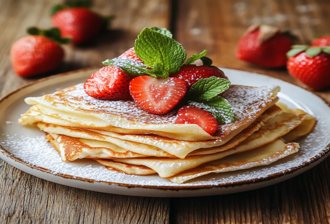 A stack of easy French crêpes with strawberries and sugar