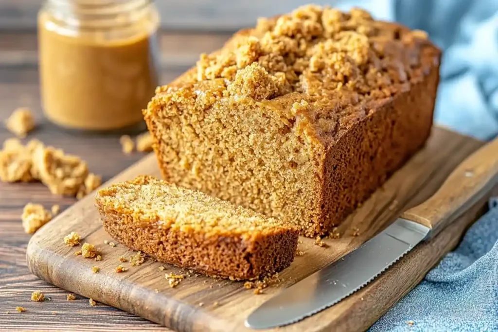 Freshly baked Biscoff Banana Bread loaf on a cutting board