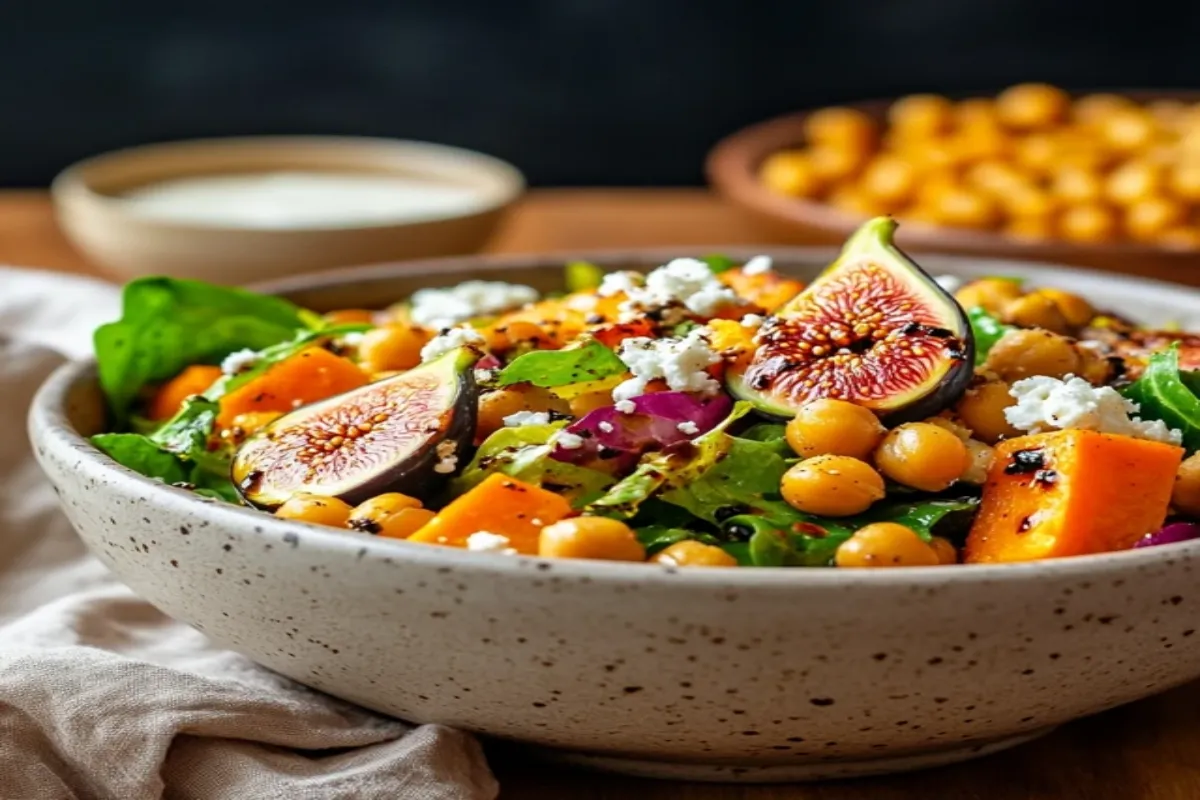 Fig Salad with Roasted Sweet Potatoes and Chickpeas in a rustic bowl.