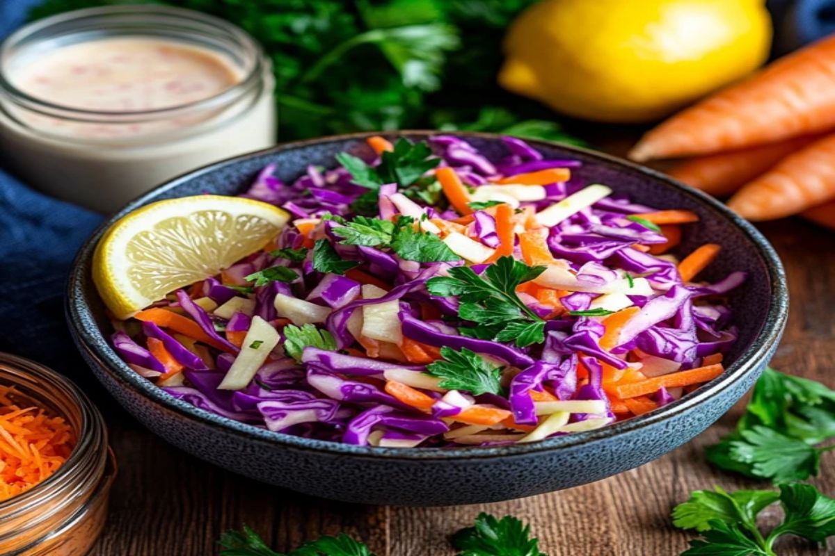 Kohlrabi and vegetables sliced for slaw preparation.