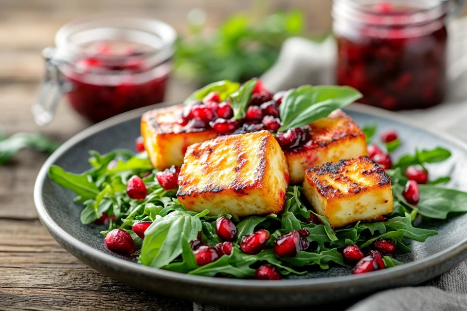 Grilled Halloumi with Arugula and Cranberry Sauce served on a rustic plate with fresh garnishes.