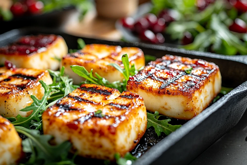 Halloumi slices grilling on a cast-iron skillet with golden grill marks