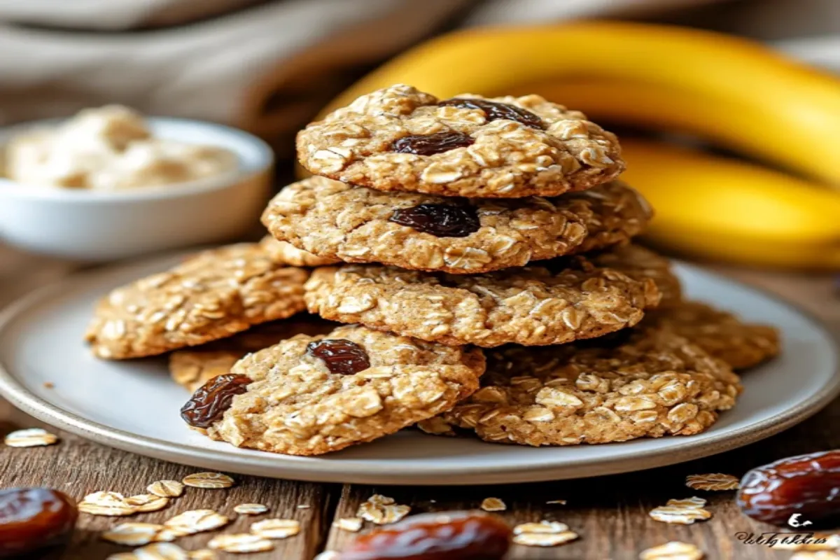 Freshly baked Healthy Banana Date Oatmeal Breakfast Cookies on a rustic wooden table.