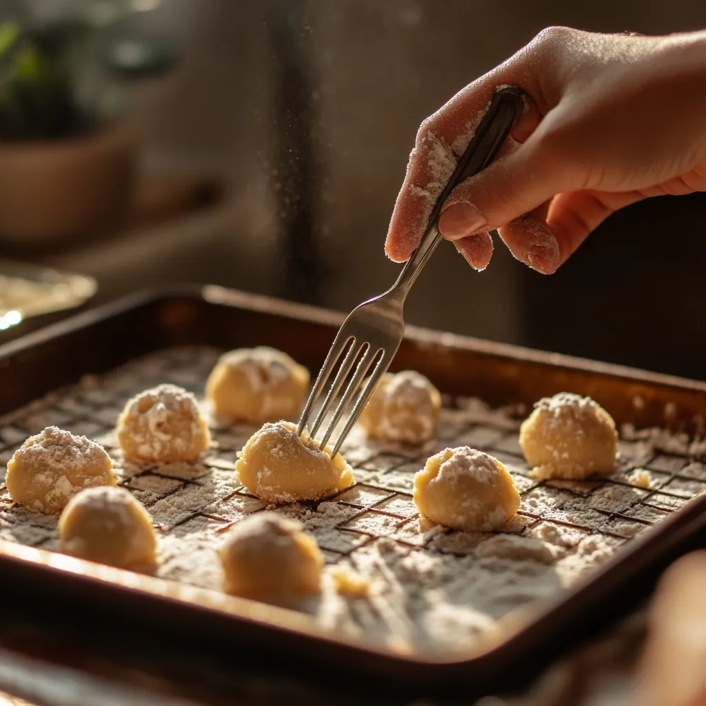 The Cookie That Crunches Back: Meet Your New Favorite Treat 3 Fork creating criss-cross pattern on cookie dough