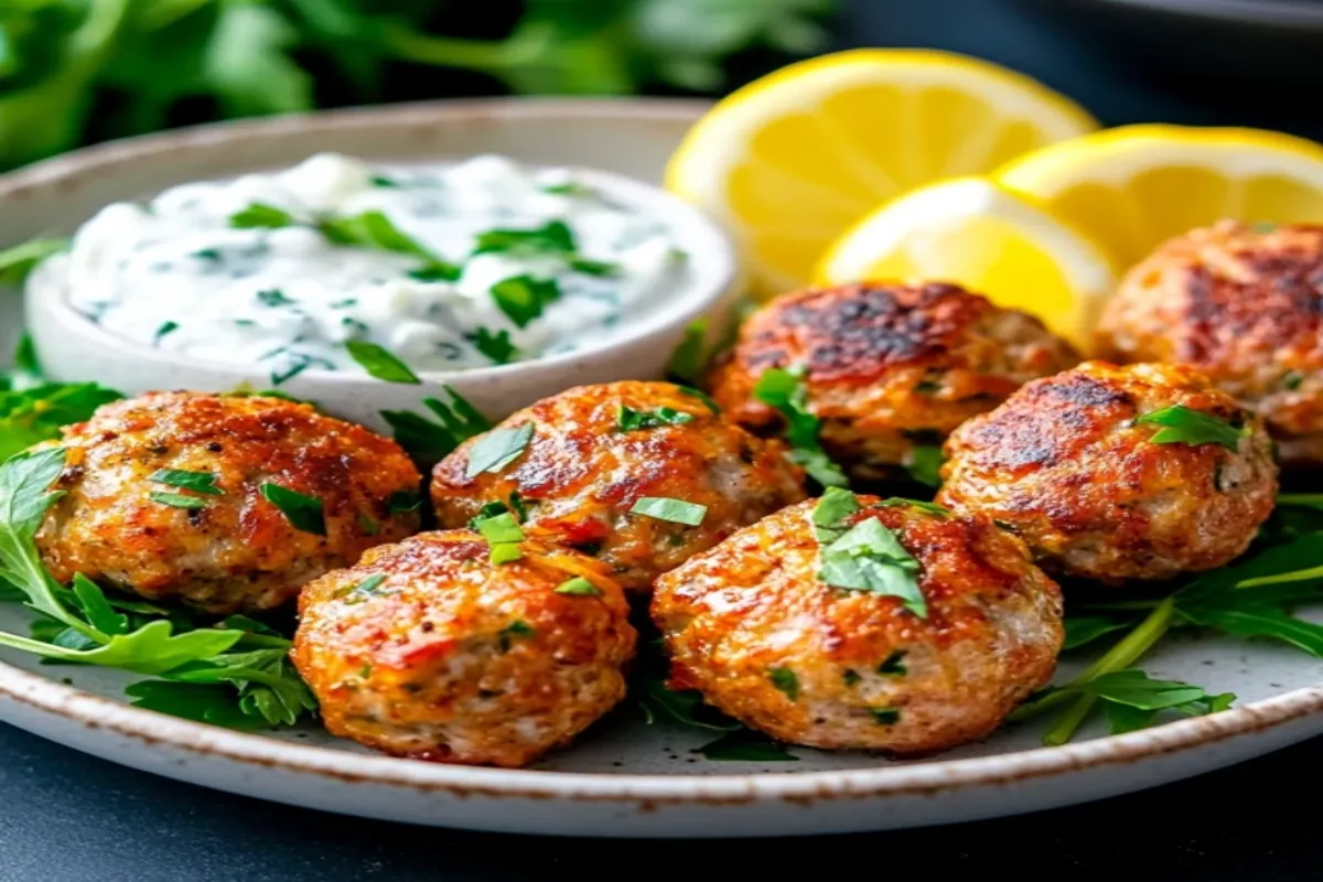 Mediterranean meatballs served with tzatziki and fresh herbs