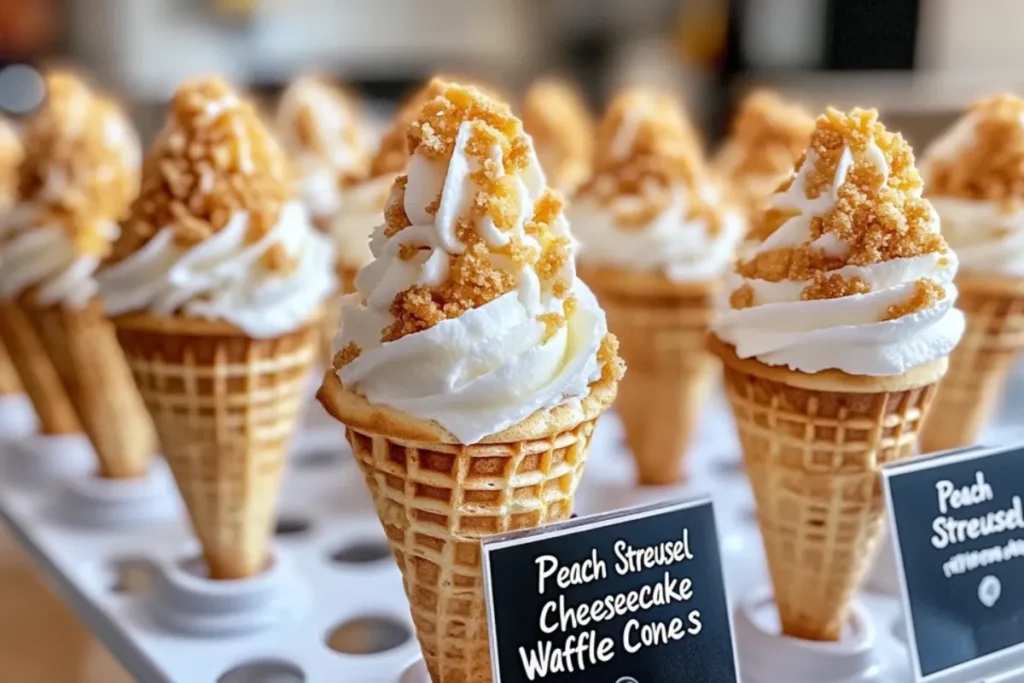 Peach streusel cheesecake waffle cone with fresh peaches and creamy cheesecake filling