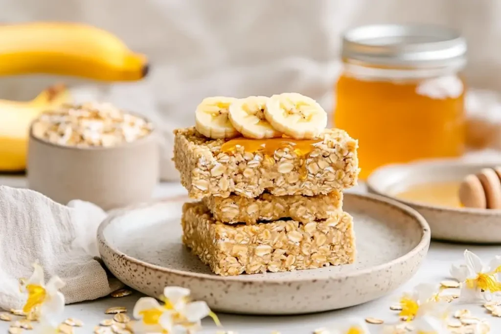 Peanut Butter Banana Baked Oatmeal Bars served on a rustic plate with banana slices and peanut butter drizzle