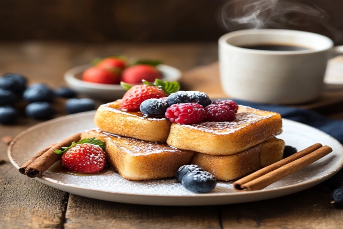 Cinnamon French toast served with berries and maple syrup on a breakfast table