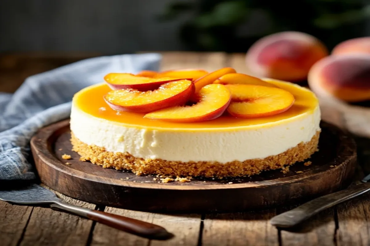 Peach Cobbler Cheesecake with fresh peach slices.