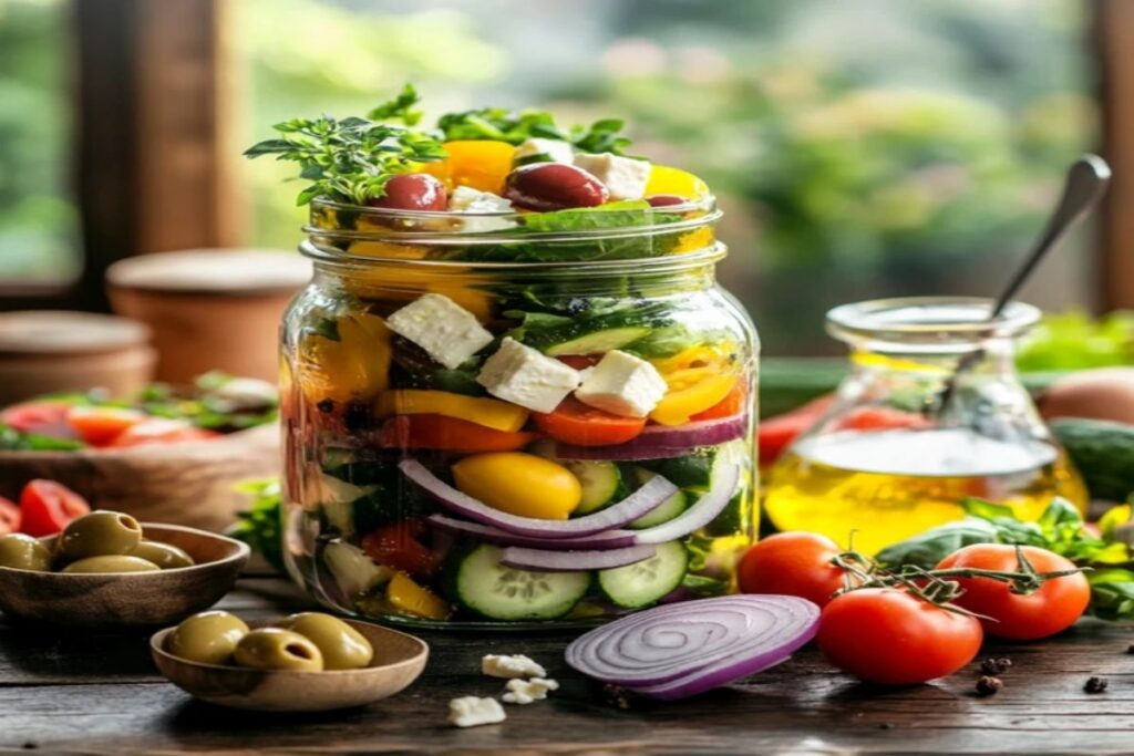 Mason Jar Greek Salad with vibrant ingredients on a wooden table