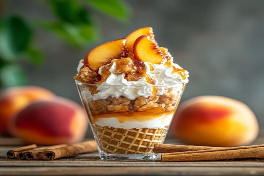 Peach Cobbler Cheesecake Waffle Cone with fresh ingredients.