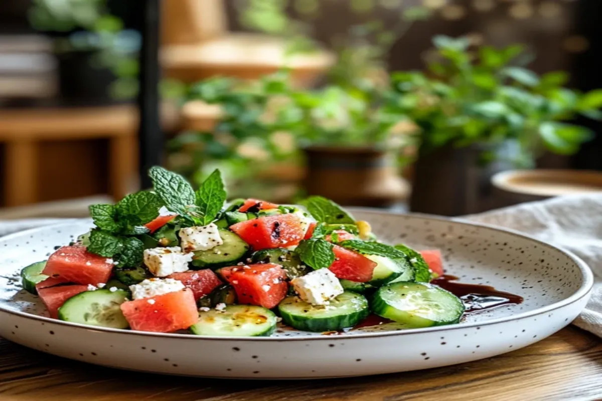 Vibrant Feta Watermelon Cucumber Salad with mint and balsamic glaze