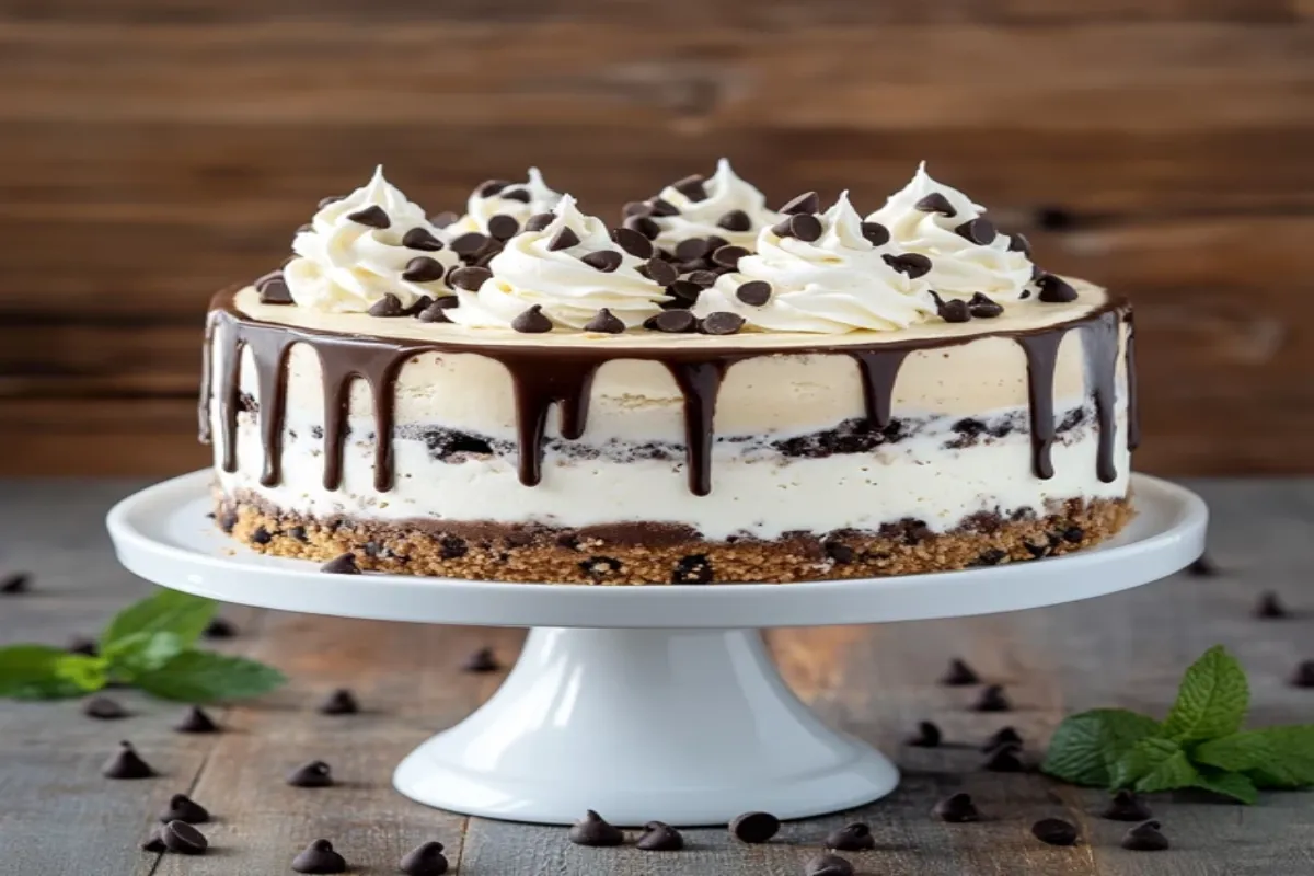 A slice of Chocolate Chip Ice Cream Cake on a plate