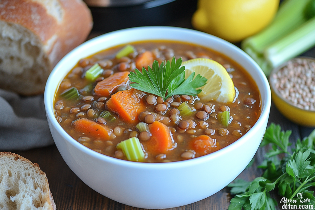 A hearty bowl of slow cooker lentil soup with fresh parsley and lemon