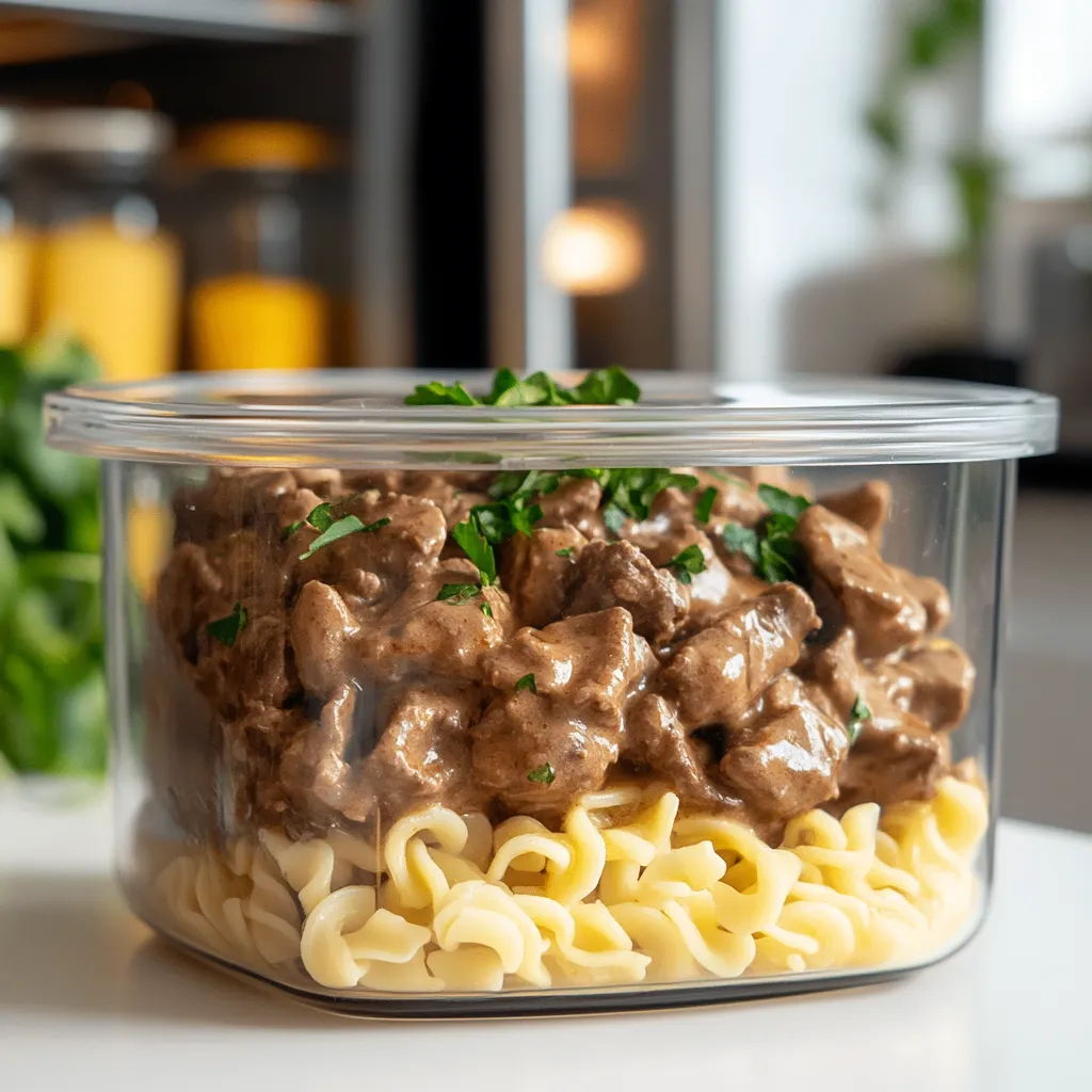 Beef Stroganoff: The Creamy Comfort Dinner You’ll Crave Again and Again 5 Leftover beef stroganoff stored in a glass container in the fridge