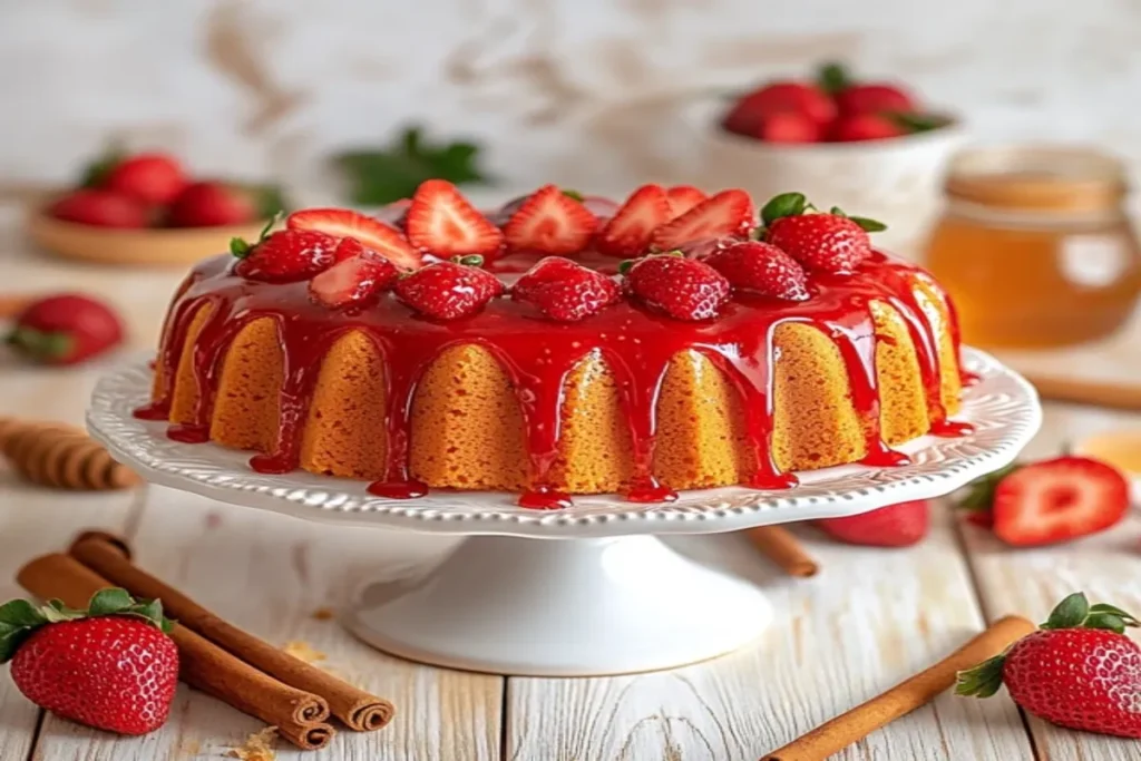 A whole Strawberry Honeybun Cake on a decorative cake stand with fresh strawberries and glaze