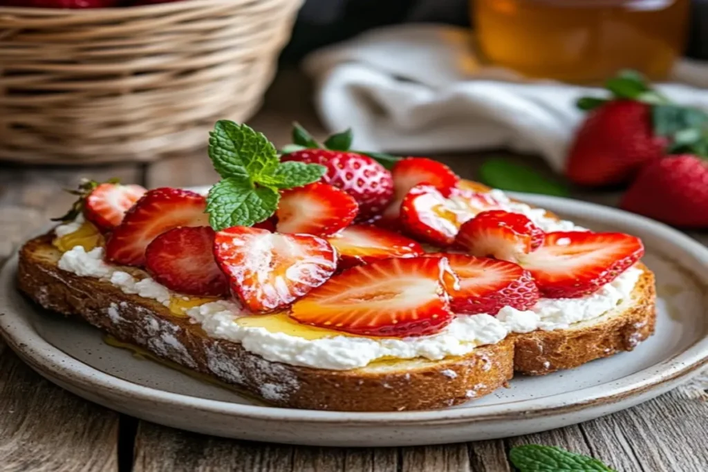 A slice of Strawberry Ricotta Toast with honey and mint