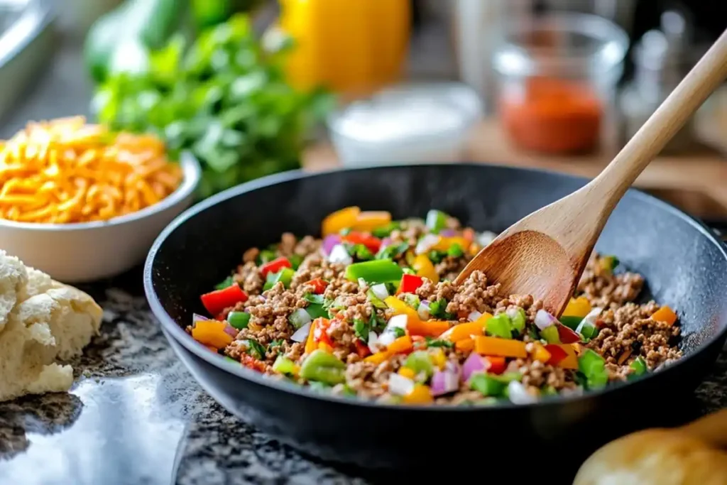 Seasoned taco filling with bell peppers and onions in a skillet