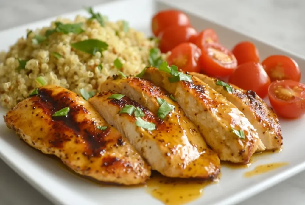 Sliced air fryer chicken breast served with quinoa salad and mustard sauce