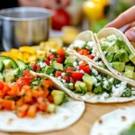 Assembling veggie tacos with grilled vegetables, avocado, and lime