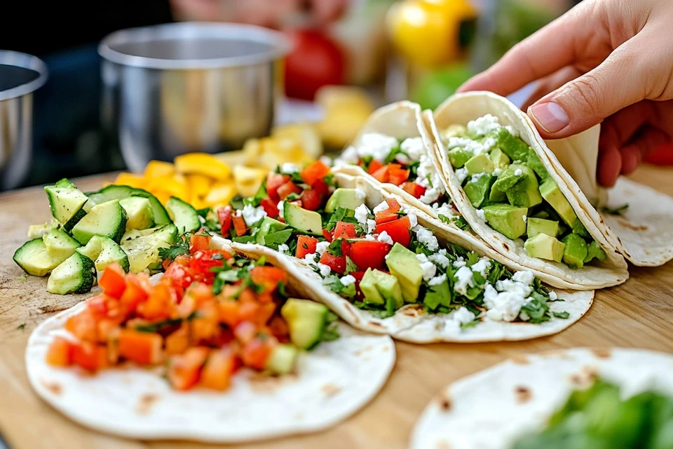 Assembling veggie tacos with grilled vegetables, avocado, and lime