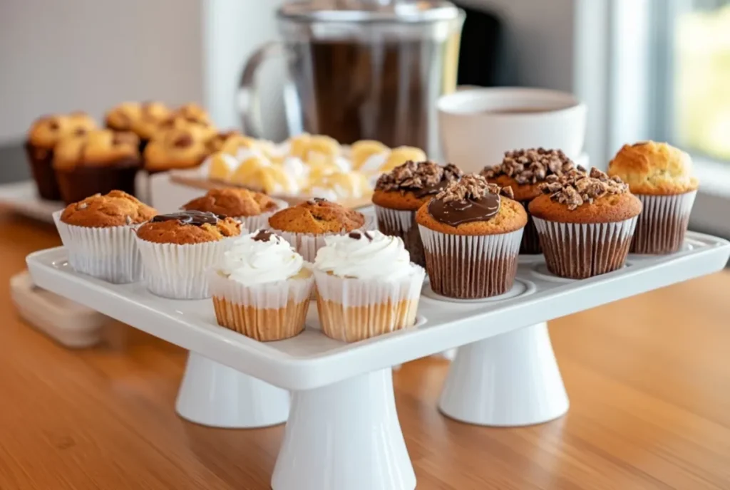 Banana bread muffins with toppings on an office table